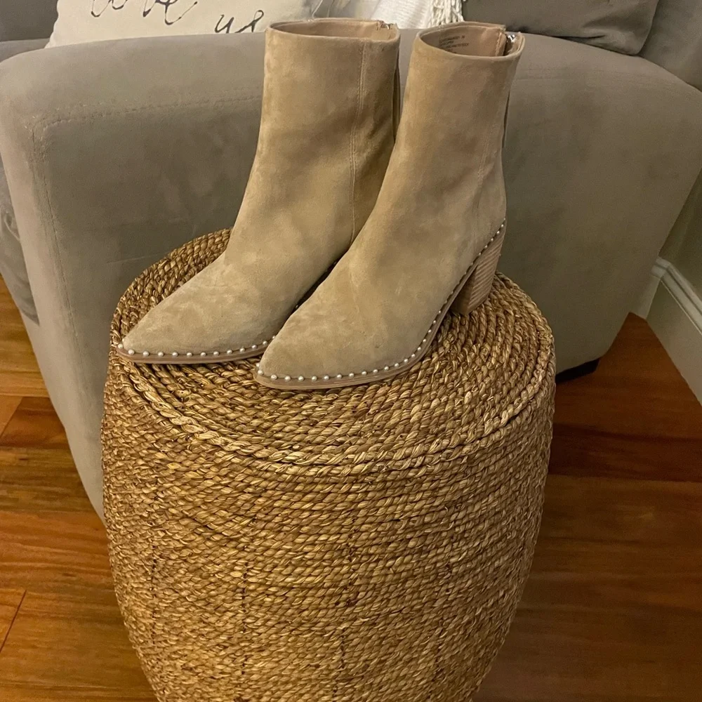Steve Madden Tan Suede Pointed Toe Ankle Boots with Stud Trim